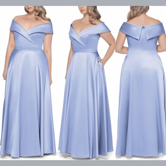 NWT $299 XSCAPE Satin Off Shoulder Ball Gown in Sky Blue [PLUS‎ SZ 18W ] - Picture 1 of 12